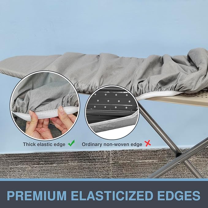 VividPaw Ironing Board Cover and Pad, 15x49, Thick Padding, Elastic Edge, Silicone Coated, Resist Scorching, Adjustable Fastener, 15x48, Heavy Duty Padded Iron Board Covers Grey