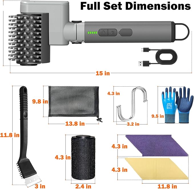 Electric Grill Brush, BBQ Grill Cleaner with 3 Heads, 3-Speed & Angle Adjust Cordless Rotary Grill Brush, IP67 Waterproof, 150Mins & 58W Motorized Grill Cleaning Brush Kit with 5200mAh Battery
