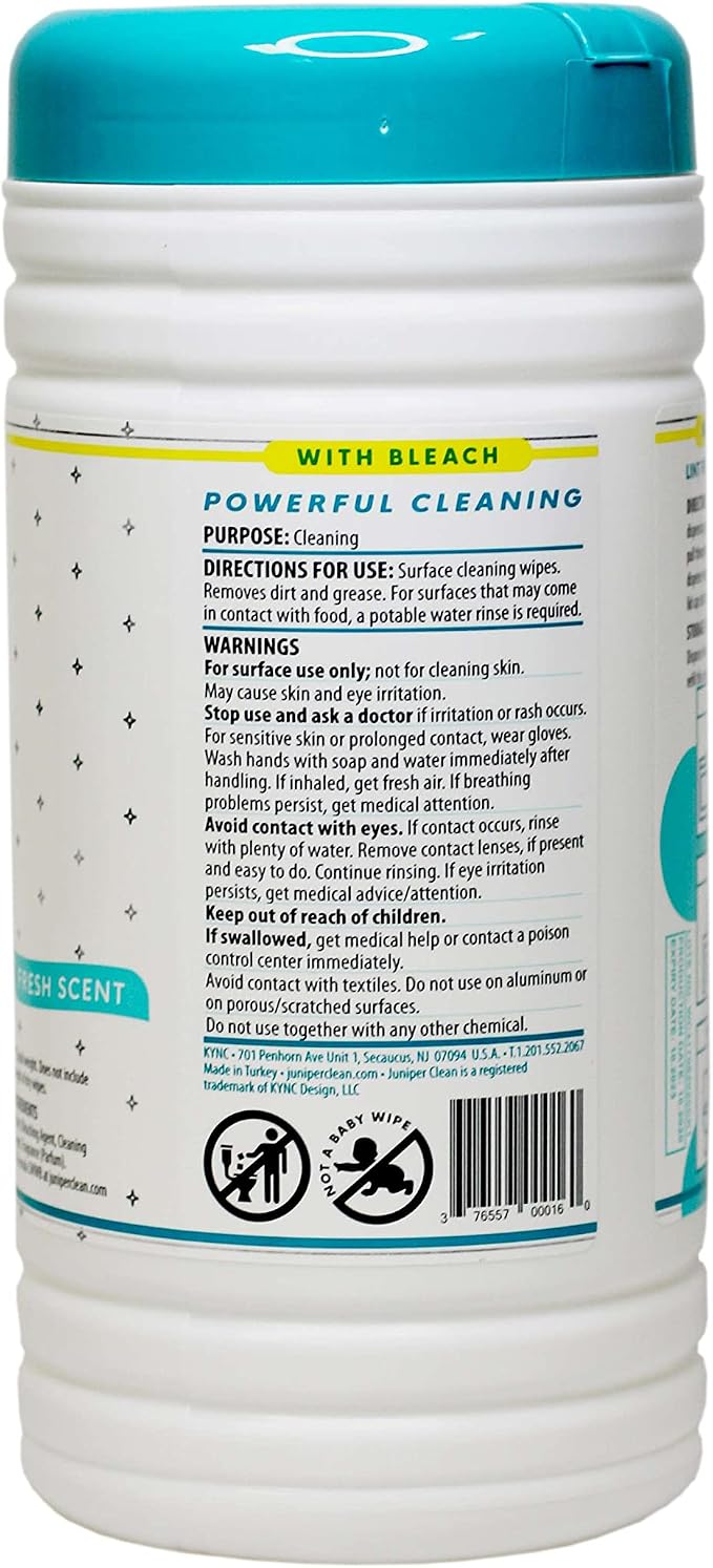Juniper CLEAN 6 Pack Surface Cleaning Wipes with Bleach, All-Purpose Cleaner for Bathroom, Kitchen, Office, 450 Count Canister, Fresh Scent, 7.5" x 7" Sheet, Lint Free & Durable