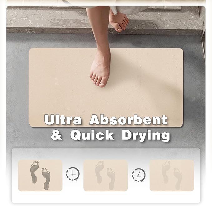 TYUU Bathroom Mat Quick Dry, Bathroom Rugs Non Slip Washable Thin Absorbent Bath Mat Fits Under Door Bathroom Floor Mat Perfect for Bath, Shower, or Sink 24"x60" Beige