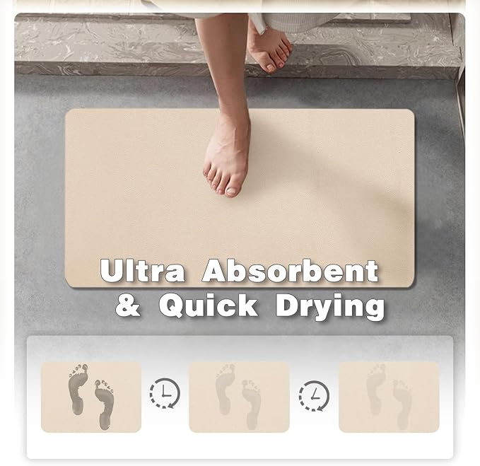 TYUU Bathroom Mat Quick Dry, Bathroom Rugs Non Slip Washable Thin Absorbent Bath Mat Fits Under Door Bathroom Floor Mat Perfect for Bath, Shower, or Sink 20"x30" Beige