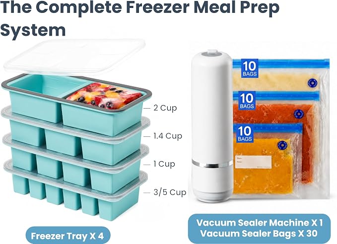 Silicone Freezer Trays Bundle with Vacuum Sealer & 30 Bags, 4 Pack | Meal prep bundle, 4 silicone freezer trays, Handheld vacuum sealer, 30 reusable bags, Dishwasher safe, Stackable alloy frame