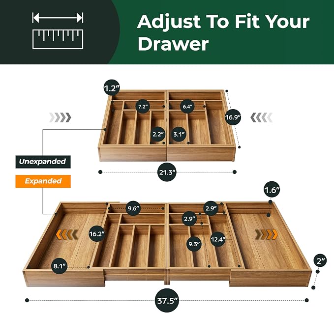 Large Silverware Organizer, 13 Slots Magnetic Connected Expandable Acacia Wood Utensil Drawer Organizer From 21 to 37.4 Inches, Adjustable Flatware and Cutlery Holder, Utensil Tray for Kitchen Natural