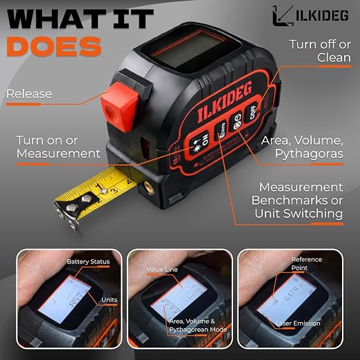 4-in-1 Digital Laser Tape Measure - Multitool Pen, 196ft Laser Measuring Tool, 16ft Measuring Tape, Crosshair Line Laser Level, Area/Volume/Pythagorean, Woodworking Tools, DIY, Ft/Ft+in/in/M Unit, edc