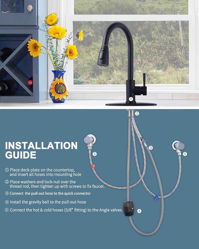 WOWOW Black Kitchen Faucet with Sprayer, Pull Down Kitchen Sink Faucet Lead-Free, Stainless Steel Single Handle Kitchen Faucets with Deck Plate, 360 Swivel High Arc Single Hole RV Kitchen Faucet