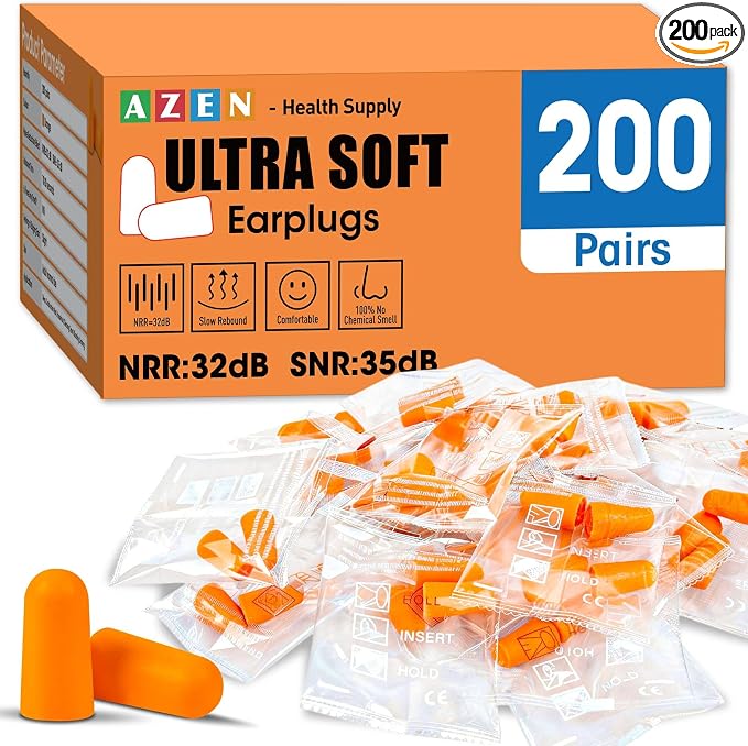 AZEN 200 Pairs Ear Plugs, NRR 32dB Soft Foam Ear Plugs for Sleeping Noise Cancelling, Earplugs for Concerts Shooting Swimming Noise Reduction,Individually Wrapped (Orange)