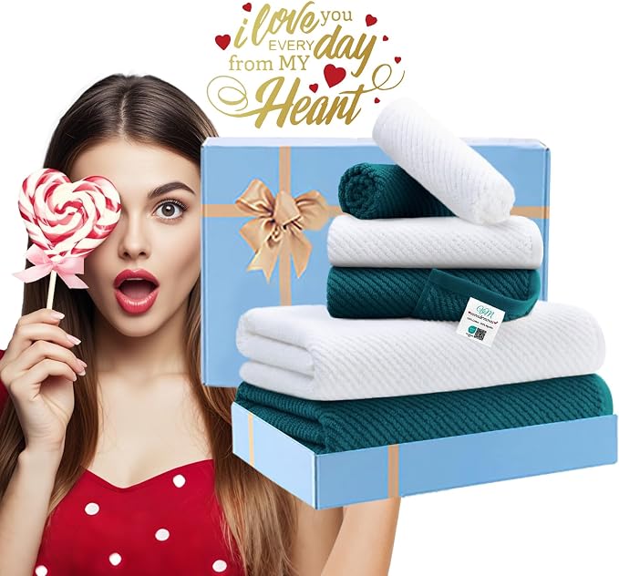 VOOVA & MOVAS 6PC Towel Set, 100% Cotton, Deep Turquoise White | 2 Large Bath 30x56 In, 2 Hand 18x28 In, 2 Wash Cloths 13x13 In, Quick Dry, Thick, Soft, Bathroom Decor Set