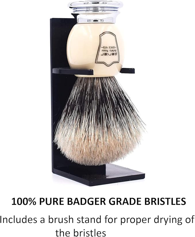 Parker Pure Badger Shaving Brush with Faux Ivory & Chrome Handle + Stand | 22mm Knot for Rich Lather | Handcrafted Shaving Tool for Cream or Soap | Classic Wet Shaving Brush | Iconic Brand