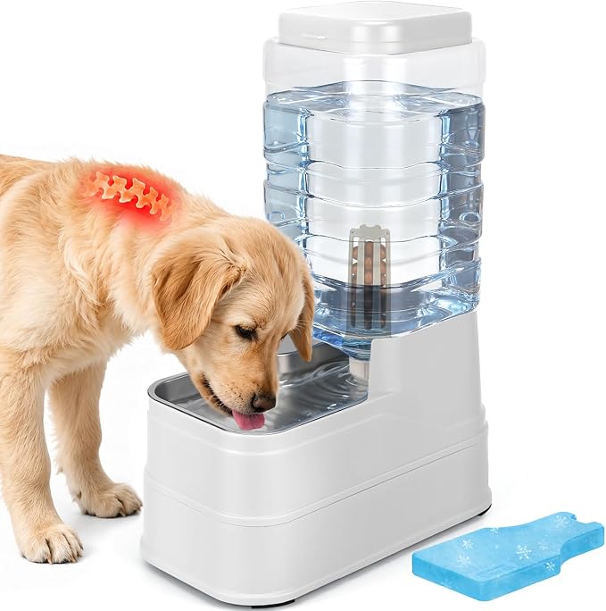 2.2 Gallon Pet Automatic Dog Water Dispenser Cat Gravity Waterer Feeder with Stainless Steel Bowl Large Capacity Puppy Feeding Raised Bowls with Filter,Ice Pack