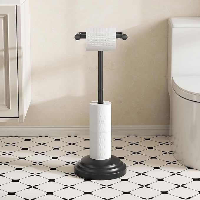 Bathroom Toilet Paper Holder Stand, Matte Black Toilet Paper Holder Free Standing, Stainless Steel Pivoting Toilet Tissue Roll Holder，Adjustable Height (14 to 24 Inch) Paper Holder