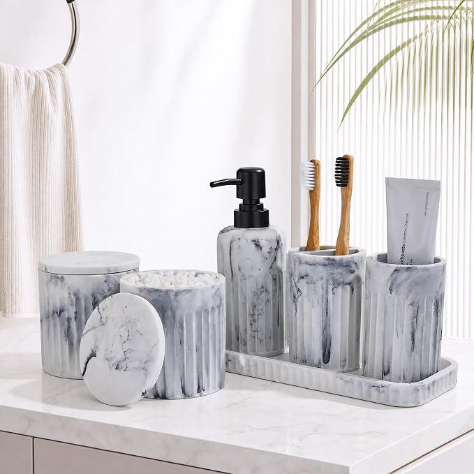 INIUNIK Bathroom Accessory Set, 6 Pieces, Marble White | Resin, Bathroom Accessories Set, with Soap Dispenser Set, Toothbrush Holders, Tumbler, Vanity Tray & 2 Qtip Holder