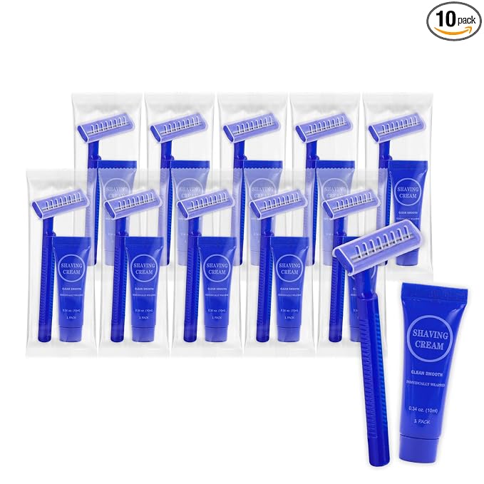 Disposable Razor Shaving Cream Set, Individually Wrapped Manual Twin Blade Shaving Razors in Bulk with Mini Smooth Shaving Cream Toiletries for Hotel Charity Camping Travel Homeless 0.34oz (10 Pack)