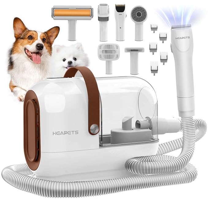 HEAPETS Dog Grooming Vacuum Kit - 3L Vacuum with 7 Tools, Low Noise Electric Clipper and Brush for Pet Shedding at Home, White