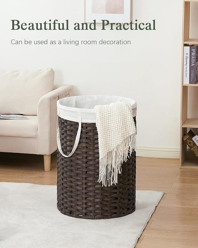 SETVSON Laundry Basket Round Rattan Laundry Hamper 29.1 Gal(110 L) Handwoven Large Wicker Basket with Handles, Wicker Hamper with Removable Bags and 2 Mesh Bags for Bathroom Living Room Brown(No Lid)