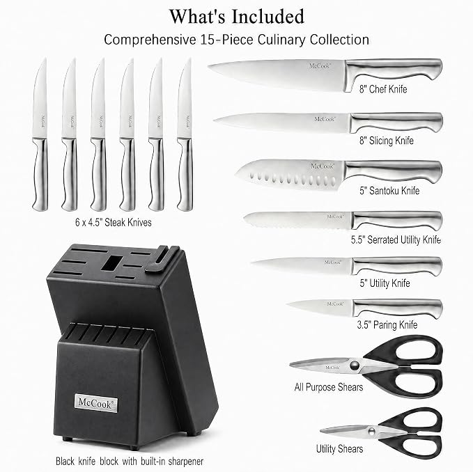 McCook Knife Set Sharp Kitchen Knife Block Set w Built-in Sharpener | German Forged Stainless Steel,15 PC,Razor Sharp,Anti-Rust,Restaurant Grade,Ergonomic Handle,Full Tang,Gift Box