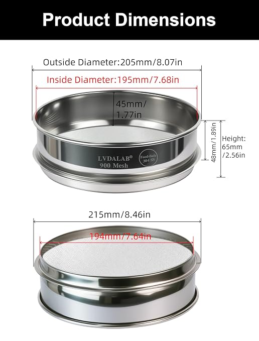 All 304 Stainless Steel 900 Mesh Test Sieve (0.012mm Aperture), 8 Inch/20cm Diameter, Ultra Fine Micron Filter, High Precision Sifter for Fine Chemicals & Laboratory