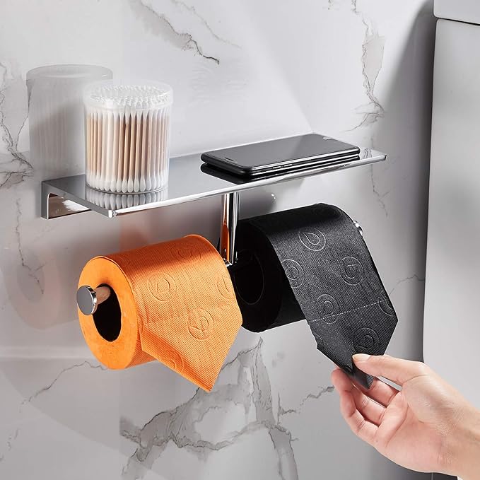 Double Toilet Roll Paper Holder Bathroom Solid Brass and Superior Hotel Style Wall Mount Tissue Roll Holder with Storage Shelf Bright Chrome Finished
