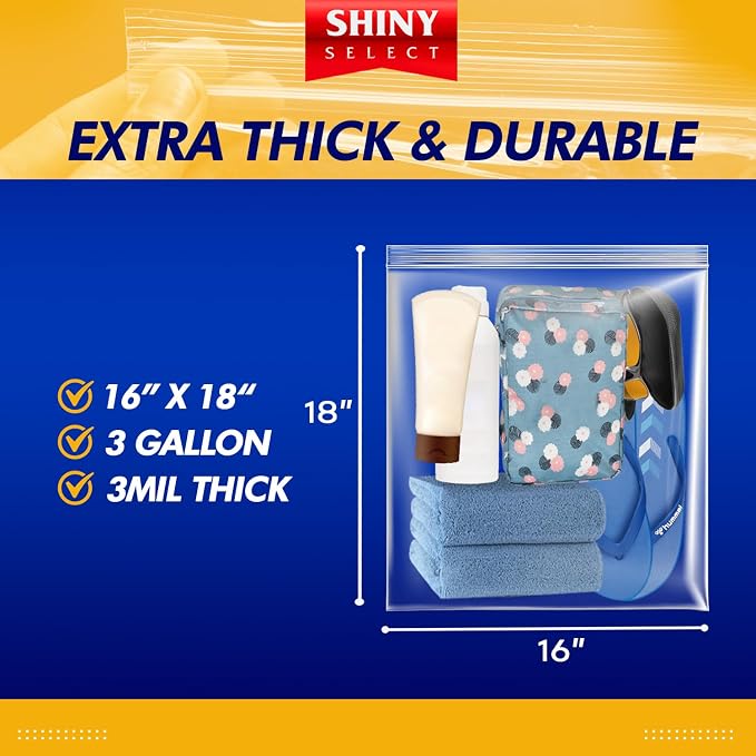 Extra Large Plastic Storage Bags With Zipper Top 3 Gallon 16" x 18" Jumbo Size Bag Heavy Duty 3 Mil Thick Clear X-Large Big Zip Bags for Food Freezer Clothes Travel Moving - 12 Ct