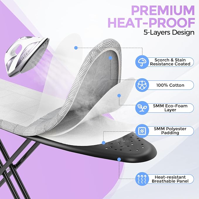 APEXCHASER Ironing Board with Iron Rest, Compact and Space Saver Iron Board, Extra Thick Cover, Height Adjustable, Wall Mount & Closet Hanger 13x43 Grey