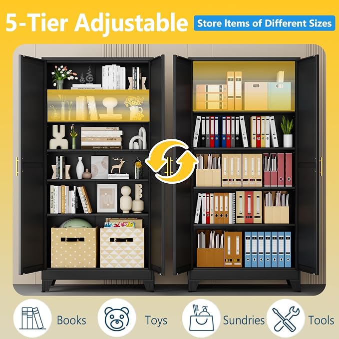 PAOFIN Metal Tall Storage Cabinet with 2 Doors and 5 Adjustable Shelves, 75" Metal Garage Storage Cabinets, File Cabinet,Steel Tool Cabinets for Home,Office,Garage,School,Warehouse (Black)