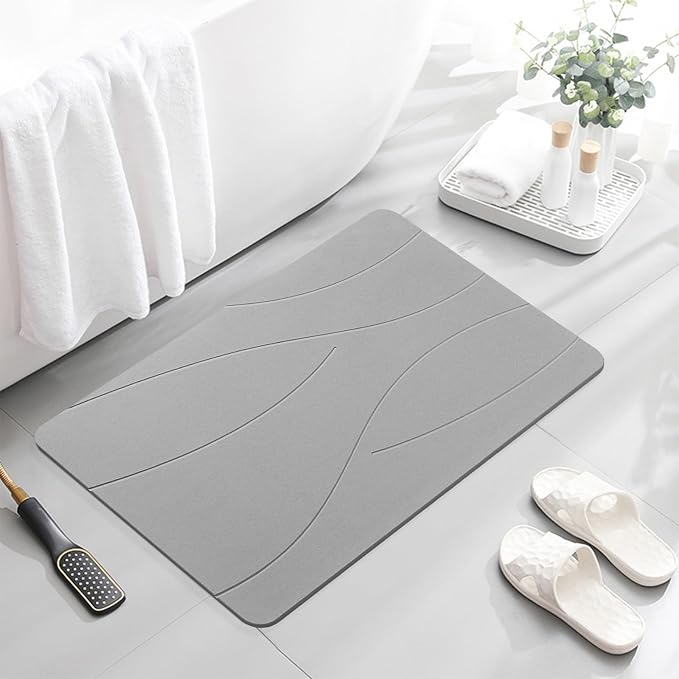 32"x20" Stone Bath Mat, Diatomaceous Earth Shower Mat, Non-Slip Super Absorbent Quick Drying Bathroom Floor Mat, Natural, Easy to Clean (Cloudy Gray)