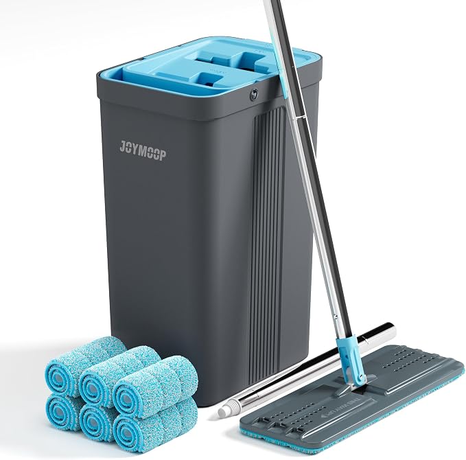JOYMOOP Mop and Bucket Set, Mops for Floor Cleaning, Wall Mop Cleaner with Long Handle, with 6 Reusable Microfiber Mop Pads - Grey+Cyan Blue