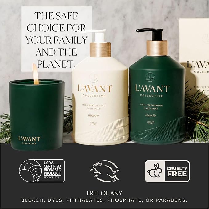 L'AVANT Collective Natural Luxury Dish Soap | Plant-Based, Non-Toxic & Grease-Cutting, Safe for Kids & Pets, Refillable Glass Bottle with Pump, 16 Fl Oz | Winter Fir