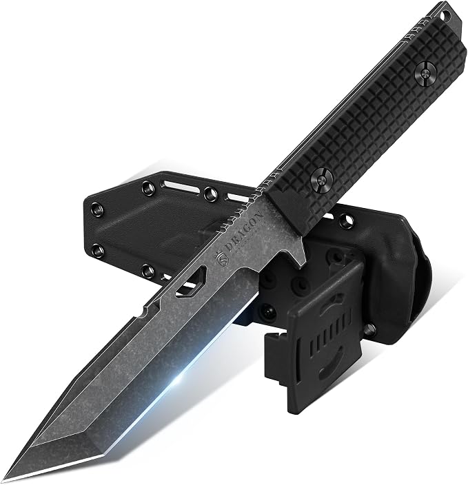 Dragon Creek Tactical Knife Kydex - D2 Steel Outdoor Knife with Sheath | Black G10 Full Tang Handle for Outdoor Survival Camping Hiking Thanksgiving Gift Men