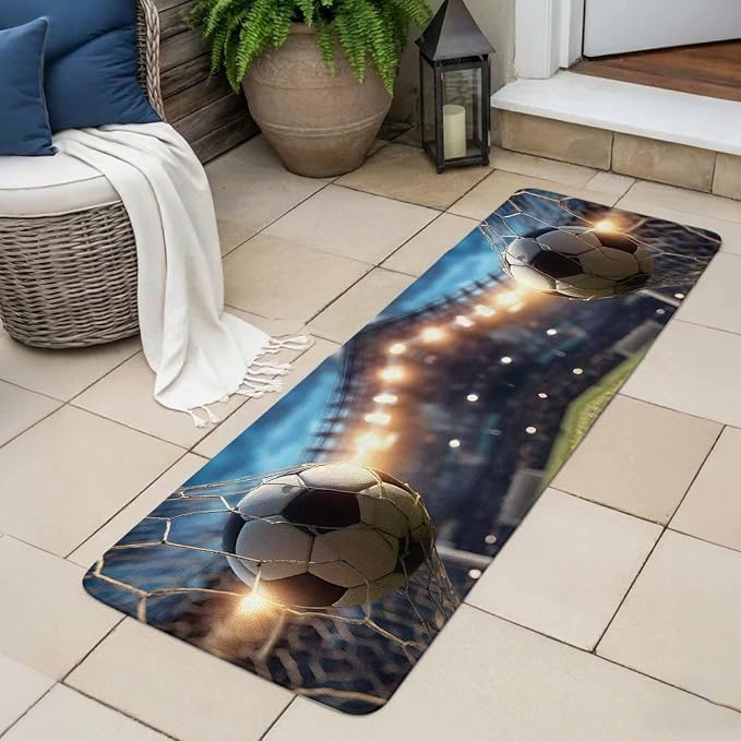 Runner Rug Indoor Outdoor 15.7"x47.2", Football Sports Absorbent Non Slip Entry Door Mat, Football Field Goal Net Soccer Low-Profile Hallway Rugs for Kitchen Laundry Room Entryway Mudroom Apartment