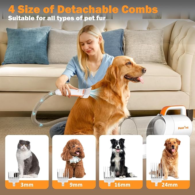 PAWING Dog Grooming Vacuum, All-in-1 Professional Deshedding Tools for Dogs & Cats - Low Noise Dogs Vacuum Cleaner with 2L Large Capacity Dust Cup for Shedding Pet Hair