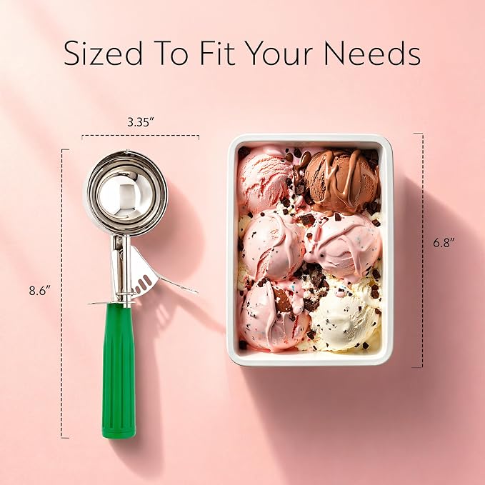 Restaurantware Met Lux 3.25 Ounce Portion Scoop 1 Trigger Release Cookie Scoop - With Green Handle Stainless Steel Disher For Portion Control Scoop Cookie Dough Cupcake Batter Or Ice Cream