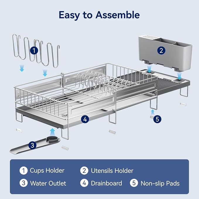 Stainless Steel Dish Drying Rack - Expandable Dish Racks for Kitchen Counter Organizer with Drain Board, Detachable Utensil & Cup Holder, Dish Drainer for Small Kitchen Counter, Grey