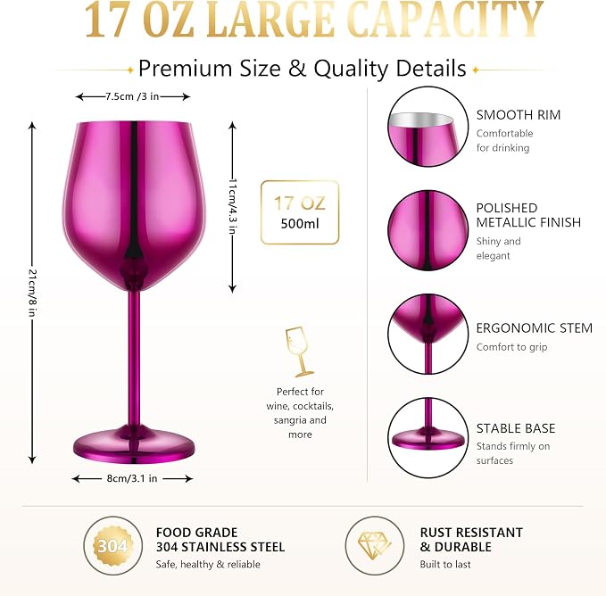 UNISWEET Unbreakable Stainless Steel Wine Glasses Set of 2, Purple | 17oz Unique Fancy Metal Wine Goblets, Shatterproof, Ideal for Outdoor, Camping, Travel, Pool, Great Gift for Wine Lovers