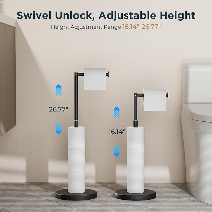FORIOUS Toilet Paper Holder Stand Adjustable, Stainless Steel Freestanding Toilet Paper Holder with Storage, Bathroom Tissue Roll Stand Storage for 4 Rolls, Matte Black