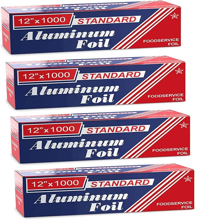 12" x 1000" (4 Pack) Standard Aluminum Foil Roll - Food Service Aluminum Roll - Commercial Grade Disposable Foil Roll for Food Service Industry and Home Use