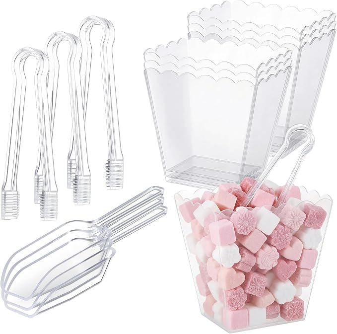 61 oz 6 Clear Plastic Candy Bar Containers with 3 Tongs and 3 Scoops Candy Buffet Supplies Reusable Scalloped Bowls for Party Station Weddings Birthday Dessert Snack Display