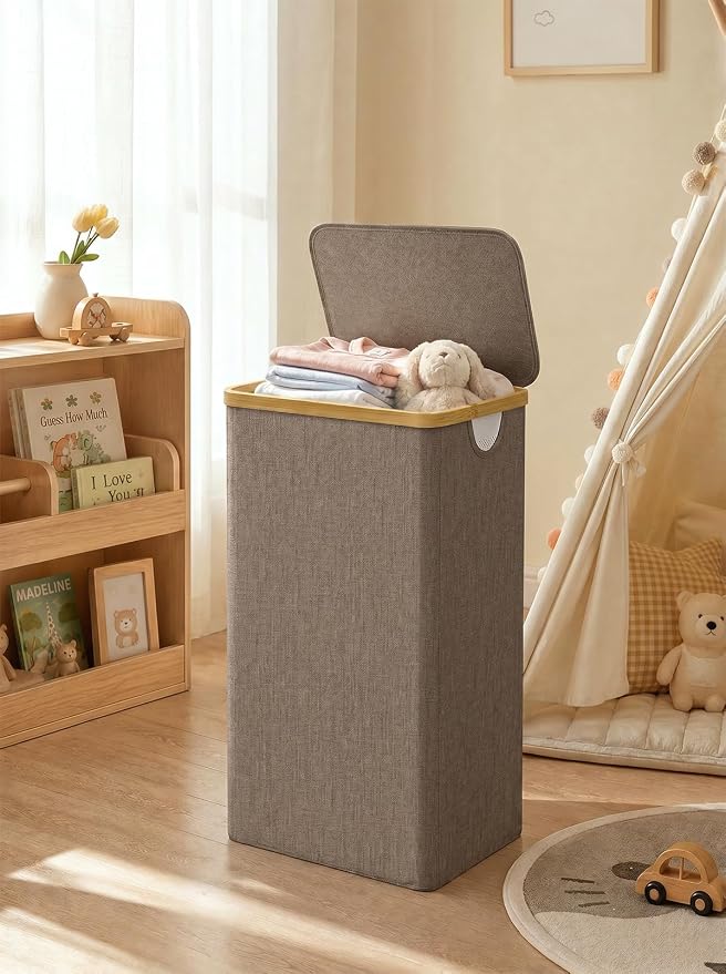 IEGrow Laundry Hamper with Lid,110L Laundry Basket with Mesh Bags,Brown | Dirty Clothes Hamper Basket with Bamboo Handle for Clothes Towels