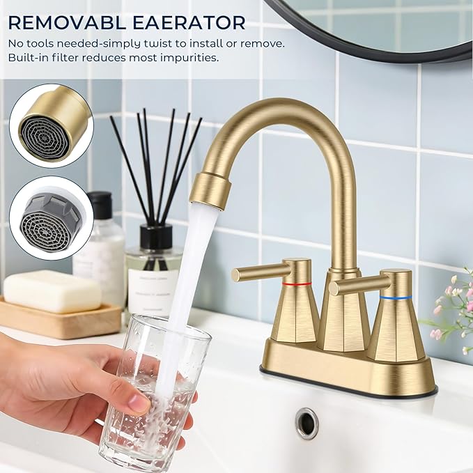 Bathroom Faucet 3 Hole Brushed Gold, 4 Inch Bathroom Sink Faucet Centerset with Pop Up Drain, Double Handle Vanity Faucet 3 Hole with 360° Swivel Spout, Rv Bathroom Sink Faucet