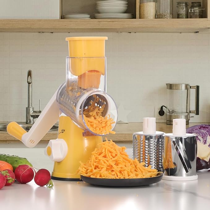 Cambom Rotary Cheese Grater Hand Crank Cheese Shredder for Fresh Cheese, Vegetable, Nuts,Non-slip Suction Base, Free Cleaning Brush Three Blades,Yellow