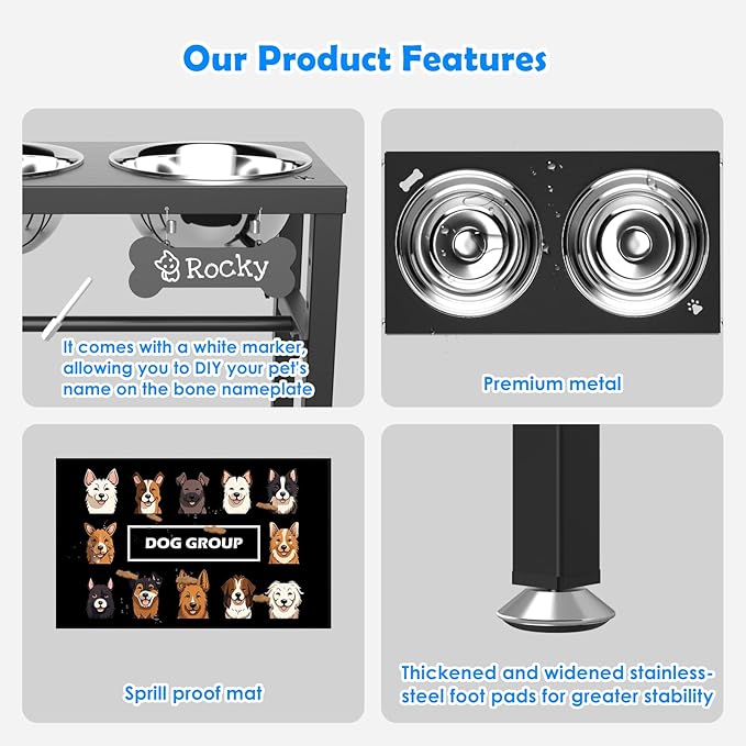 SHAINFUN Elevated Dog Bowls with Mat for Medium Large Dogs, Raised Dog Bowl Stand with 2 Stainless Steel 58oz Bowls, Tall Dogs Food Water Bowl Holder