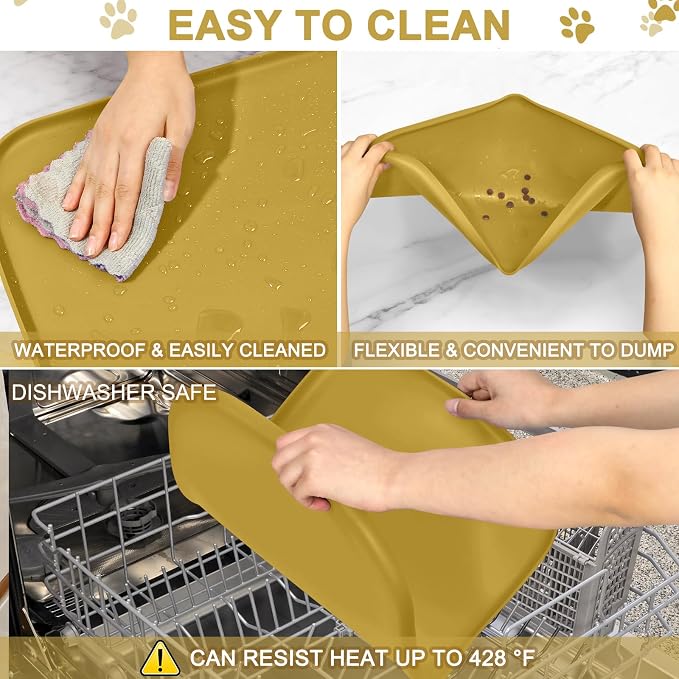 SMILOOL Waterproof Silicone Pet Food Mat with Raised Edge for Dog & Cat | 22" x 14" Non-Slip Pet Feeding Mats with Lip for Food & Water Bowl, Food Grade, Easy Cleaning, Honey