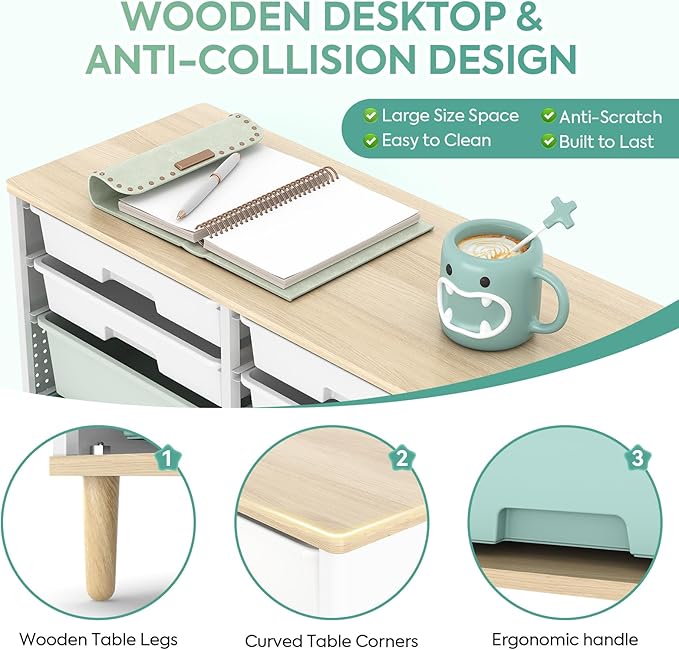 12 Drawers Storage Cabinet with Wooden Top and Plastic Bins, Toy Storage Organizer Toy Shelf Storage Chest Cubby Organizer for Home, Office, Playroom, Classroom & Craft Room Storage (Green)