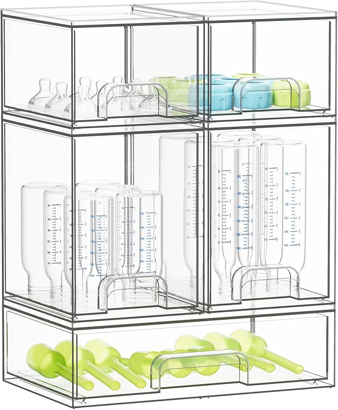 SpaceAid Bottle Storage Organizer Baby - Acrylic Bottles Station Organizer Container, Stackable Clear Drawers for Countertop, Vanity, Bathroom, Cabinet, Pantry Organization, 5 Pack, 2S2M1L, 15.4"H