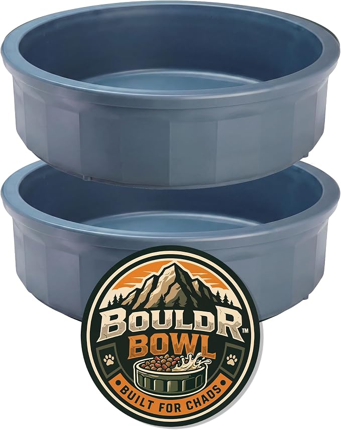 Pet Crock Bowl - 2 Pack – Thick Durable Plastic (Blue, 48oz Large) Non-Tip Food & Water Dish for Dogs, Cats - Indoor/Outdoor - Chew Resistant, Easy Clean BouldrBowl from Healthy Surplus®