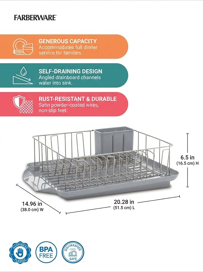 Farberware Classic 3-Piece Dish Drying Rack Set, Gray - Rust-Resistant Dish Rack for Kitchen Counter with Self-Draining Board and Flatware Caddy