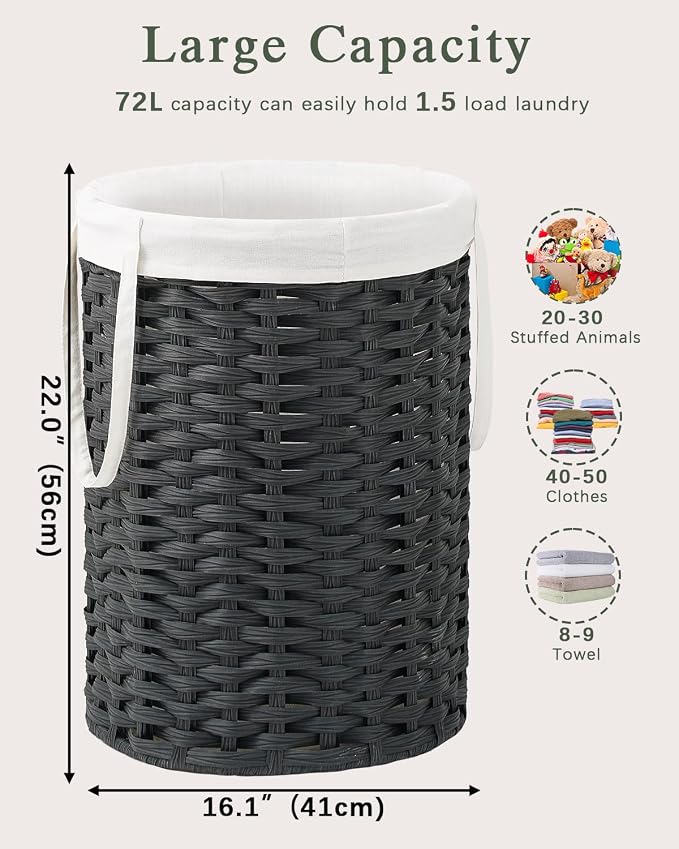 SETVSON Laundry Hamper Laundry Basket Round 19.0 Gal (72 L) Handwoven Rattan Hamper, Large Wicker Laundry Hamper with Removable Laundry Bag Handles 2 Mesh Bags for Bathroom Living Room Black (No Lid)