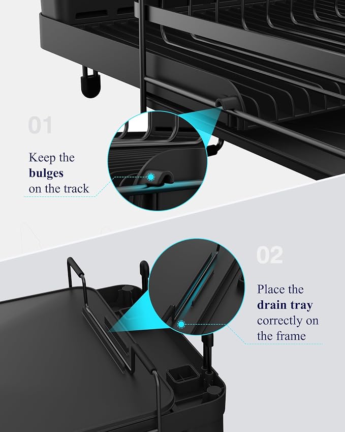 Kitsure Large Dish Drying Rack - Extendable Dish Rack, Multifunctional Dish Rack for Kitchen Counter, Anti-Rust Dish Drainers with Cutlery & Cup Holders 19.2"-26.7" L x 12.9" W, Black