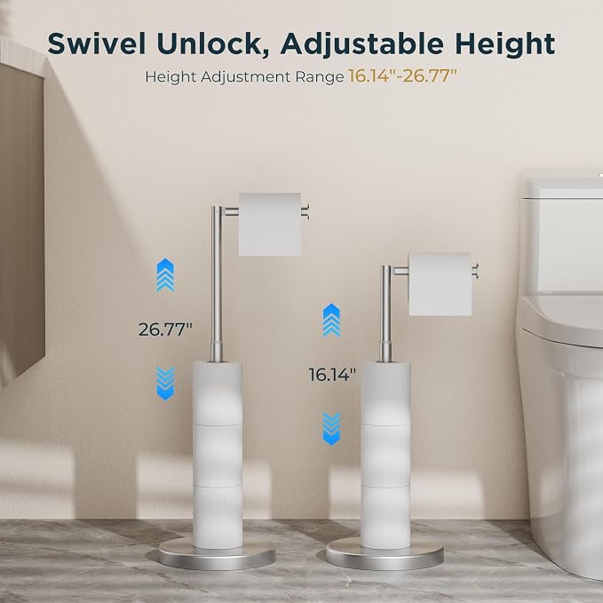 FORIOUS Toilet Paper Holder Stand Adjustable, Stainless Steel Freestanding Toilet Paper Holder with Storage, Bathroom Tissue Roll Stand Storage for 4 Rolls, Brushed Nickel