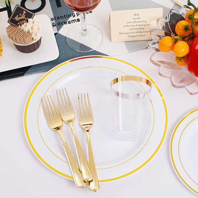 350 Pieces White and Gold Plastic Plates - 50 Guest Dinnerware Set Include 100 Plates, 50 Gold Plastic Silverware, 50 Paper Napkins and 50 Cups for Wedding/Baby Shower/Spring/Birthday/Thanksgiving
