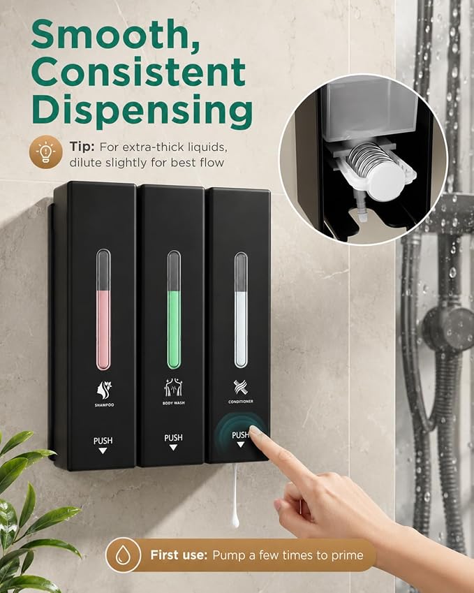 Shampoo and Conditioner Dispenser Wall Mounted, 3-Chamber Shower Soap Dispenser for Bathroom, 1200ML Large Capacity, No-Drill Installation, Clog-Free Pump for Thick Liquids (black-3-pack)